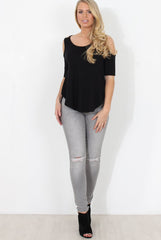 Black Cold Shoulder Top - Jade-Tops