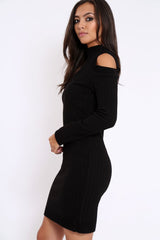 Black Cold Shoulder and V Neck Cut Out Dress - Riona-Dresses