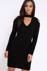 Black Cold Shoulder and V Neck Cut Out Dress - Riona-Dresses