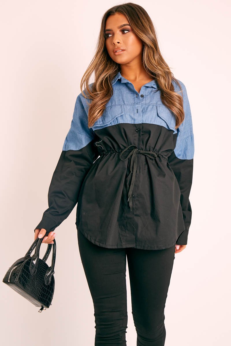 Black Colour Block Denim Shirt - Jaiya-Shirts