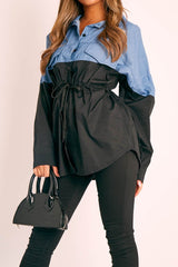 Black Colour Block Denim Shirt - Jaiya-Shirts