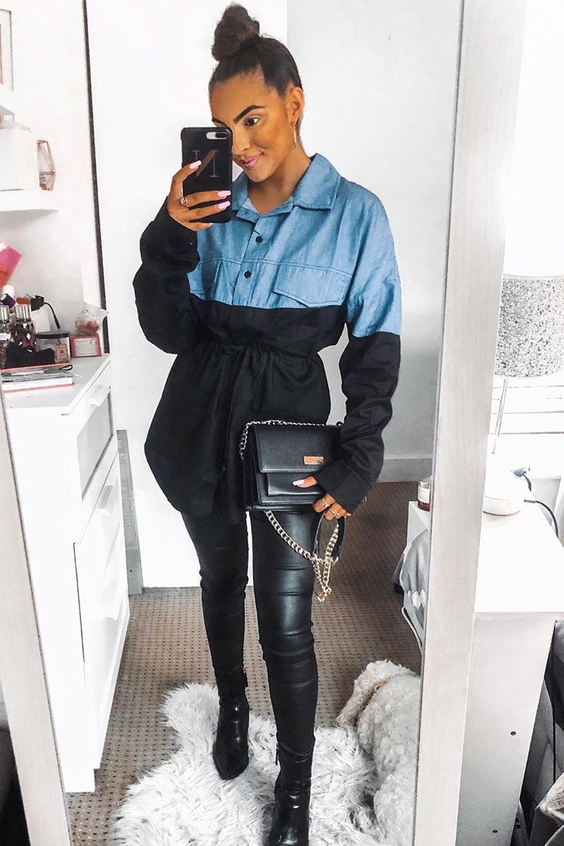 Black Colour Block Denim Shirt - Jaiya-Shirts