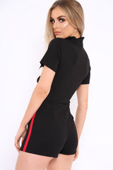 Black Colour Block Zip Front Playsuit - Maleia-Playsuits