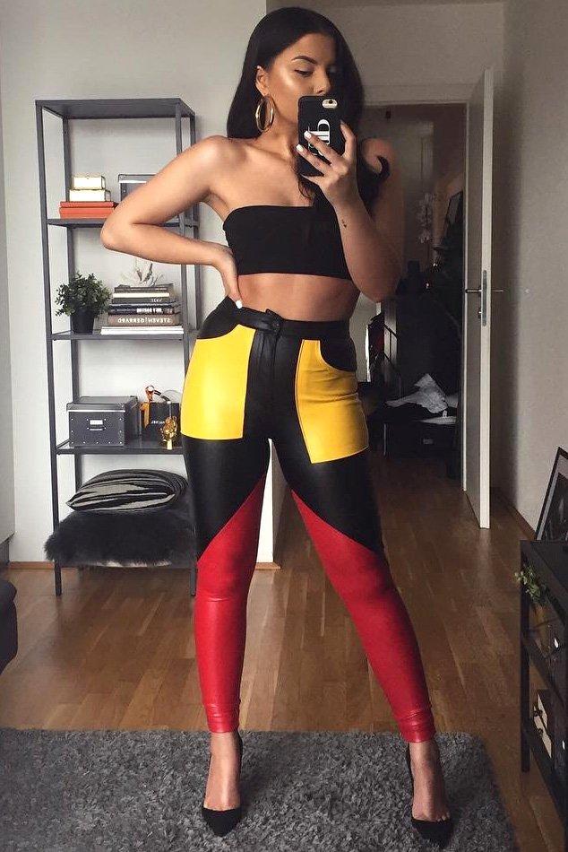 Black Contrast Faux Leather Trousers - Pax-Trousers