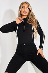 Black Contrast Piping Zip Front Bodysuit - Betsy-Bodysuits