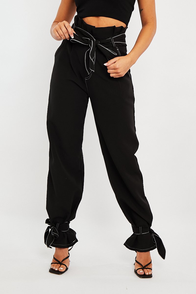 Black Contrast Stitch Ankle Tie Trousers - Neyla-Trousers