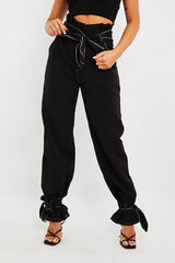 Black Contrast Stitch Ankle Tie Trousers - Neyla-Trousers
