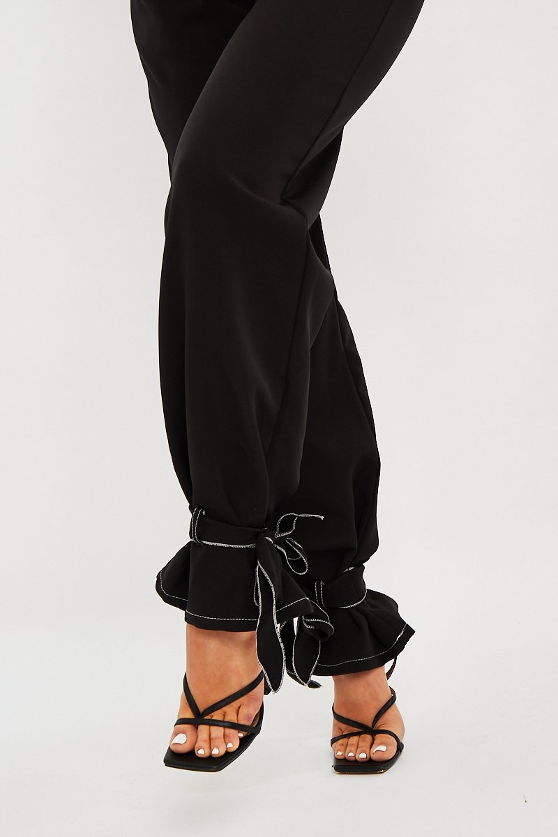 Black Contrast Stitch Ankle Tie Trousers - Neyla-Trousers
