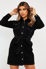 Black Contrast Stitch Belted Denim Dress - Donia-Dresses
