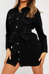 Black Contrast Stitch Belted Denim Dress - Donia-Dresses