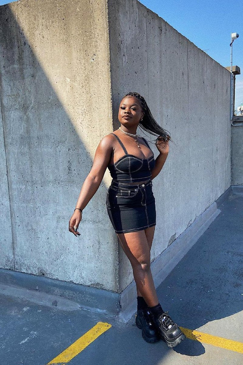 Black Contrast Stitch Bralet + Skirt Denim Co-ord - Divina-Co-ords