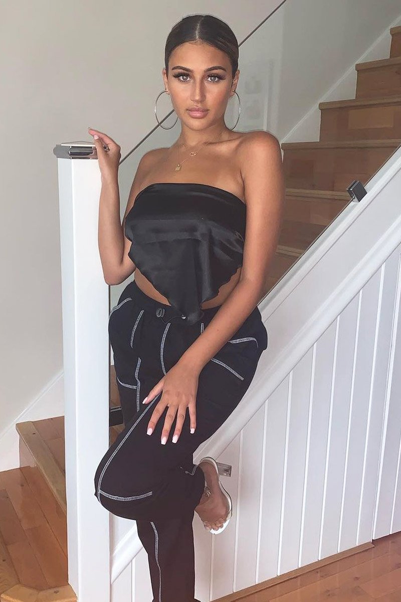 Black Contrast Stitch Cargo Trousers - Britanny-Trousers