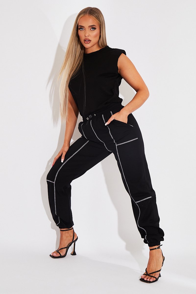 Black Contrast Stitch Cargo Trousers - Britanny-Trousers