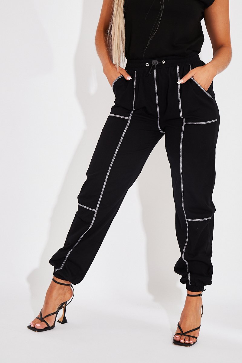 Black Contrast Stitch Cargo Trousers - Britanny-Trousers