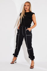 Black Contrast Stitch Cargo Trousers - Britanny-Trousers
