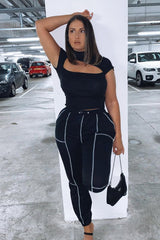 Black Contrast Stitch Cargo Trousers - Britanny-Trousers