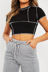 Black Contrast Stitch Cropped Top - Elna-Crop Tops