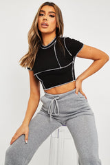 Black Contrast Stitch Cropped Top - Elna-Crop Tops