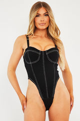 Black Contrast Stitch Denim Bodysuit - Jamelia-Bodysuits