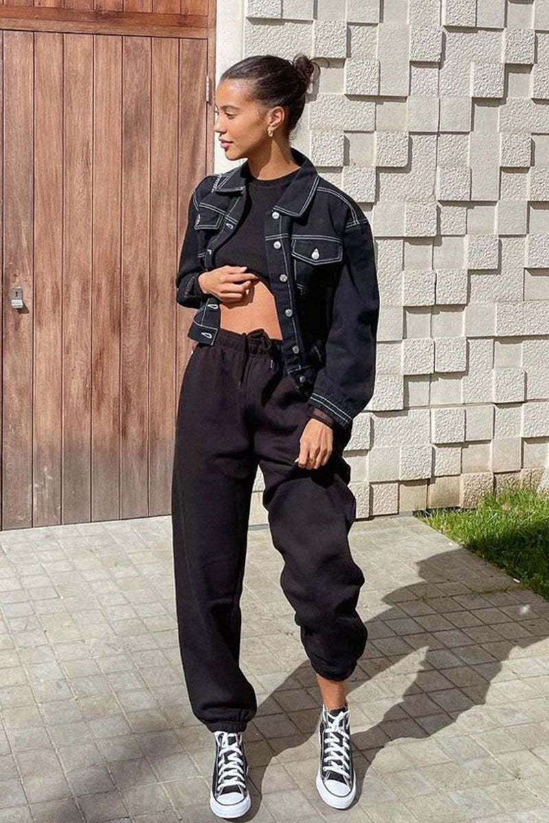 Black Contrast Stitch Elasticated Hem Denim Jacket - Danalee-Jackets