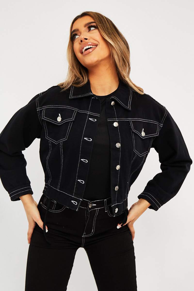 Black Contrast Stitch Elasticated Hem Denim Jacket - Danalee-Jackets