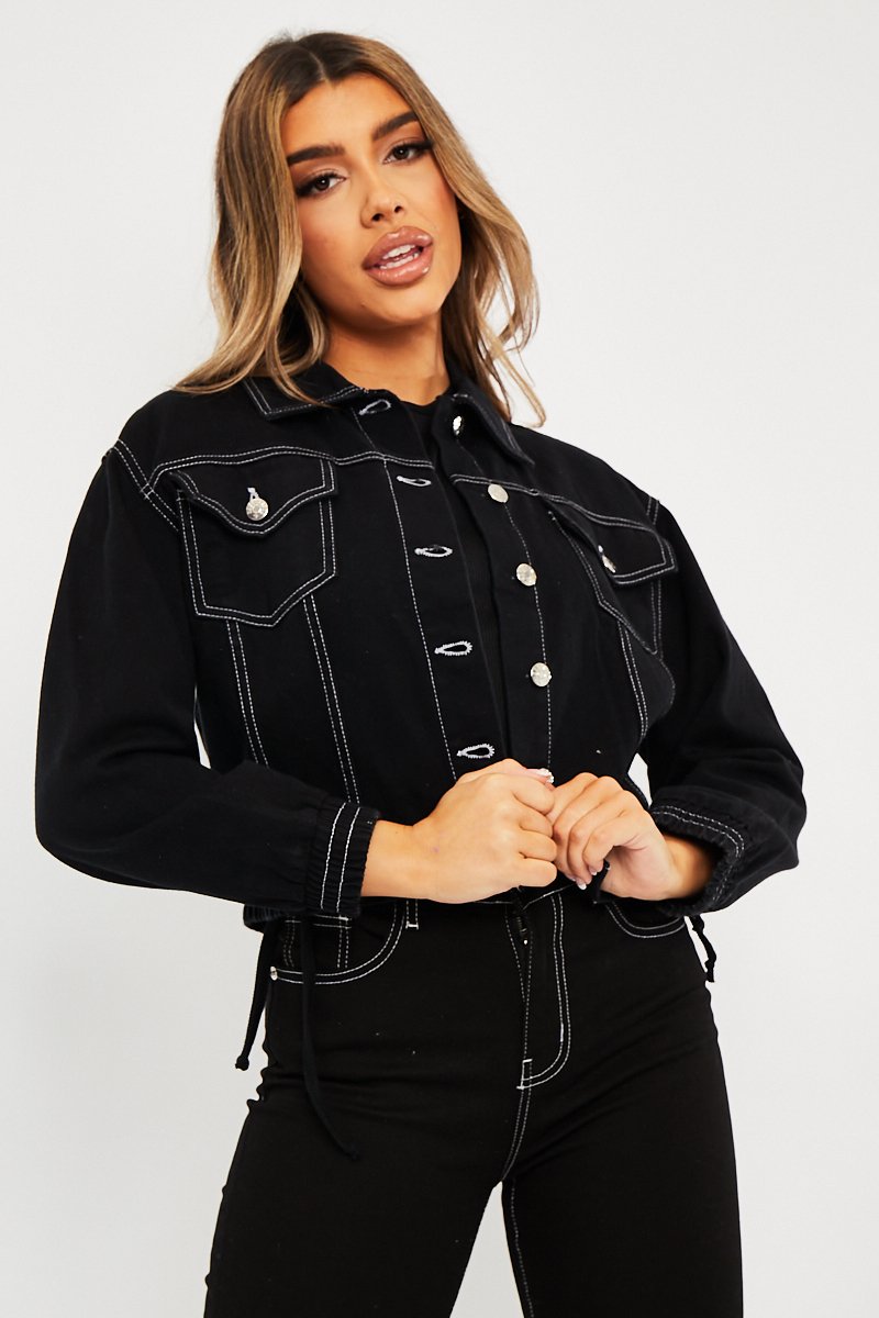 Black Contrast Stitch Elasticated Hem Denim Jacket - Danalee-Jackets