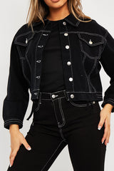 Black Contrast Stitch Elasticated Hem Denim Jacket - Danalee-Jackets