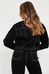Black Contrast Stitch Elasticated Hem Denim Jacket - Danalee-Jackets