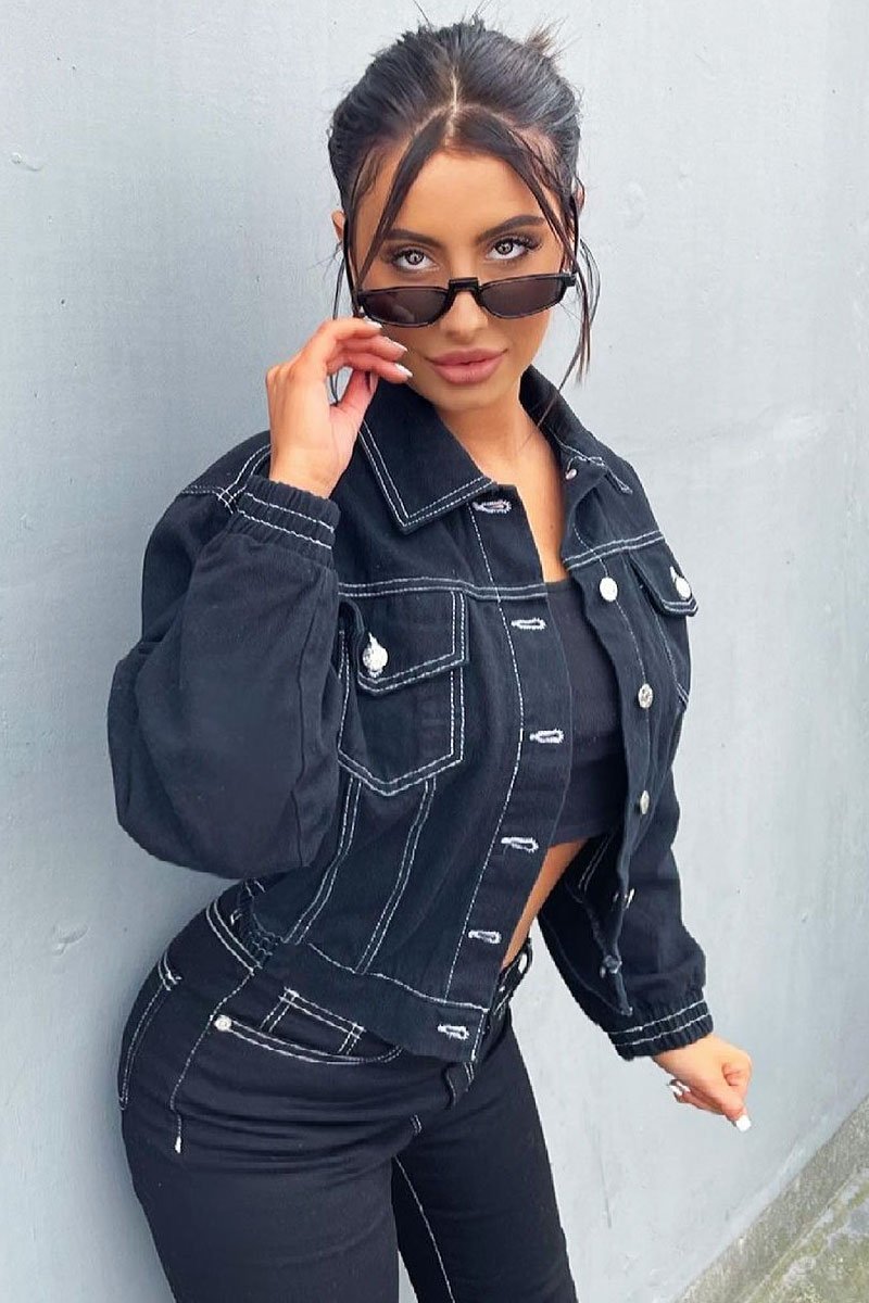 Black Contrast Stitch Elasticated Hem Denim Jacket - Danalee-Jackets