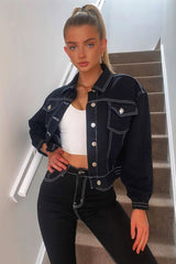 Black Contrast Stitch Elasticated Hem Denim Jacket - Danalee-Jackets