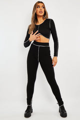 Black Contrast Stitch Split Hem Leggings - Ria-Leggings