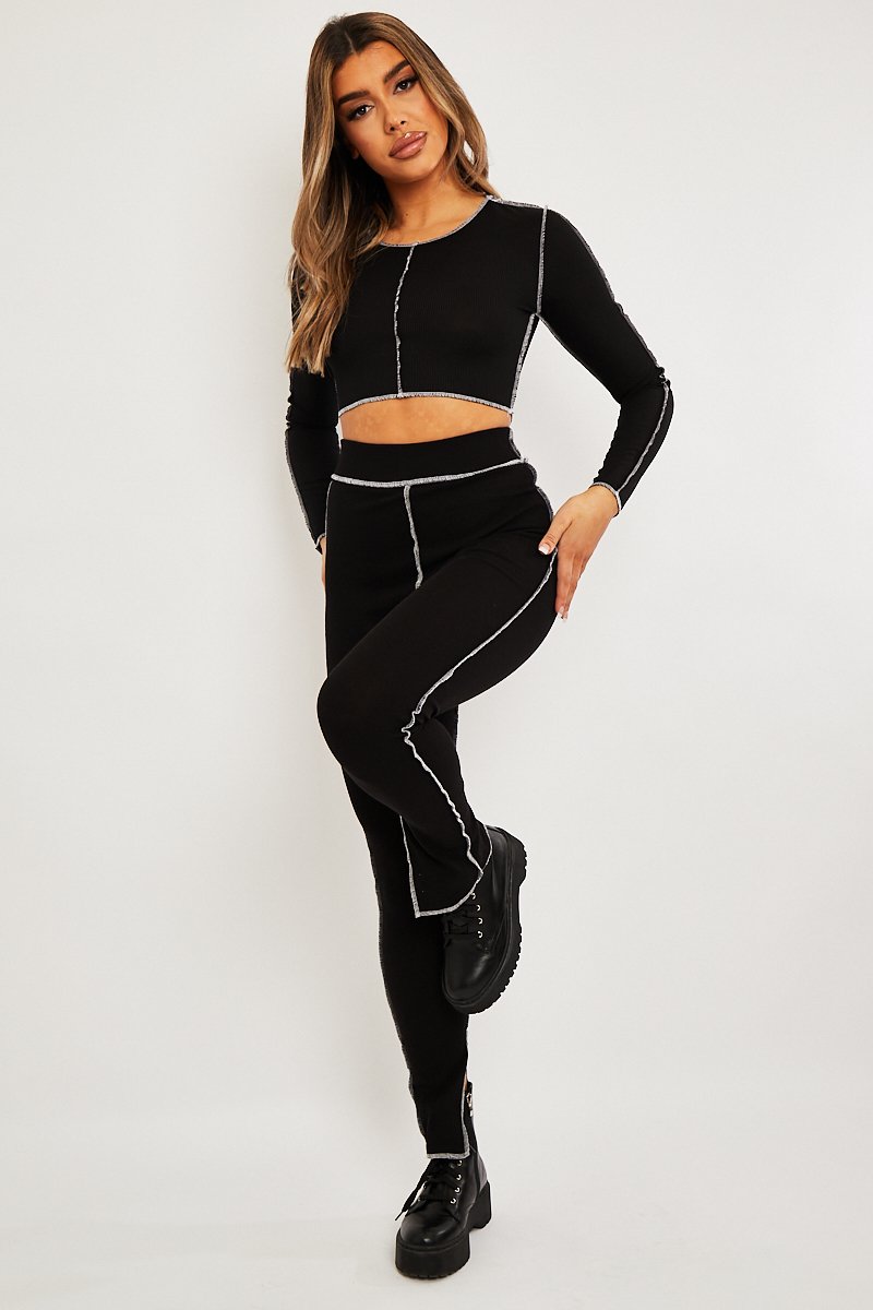 Black Contrast Stitch Split Hem Leggings - Ria-Leggings