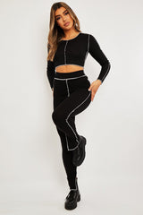 Black Contrast Stitch Split Hem Leggings - Ria-Leggings