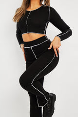 Black Contrast Stitch Split Hem Leggings - Ria-Leggings