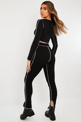 Black Contrast Stitch Split Hem Leggings - Ria-Leggings
