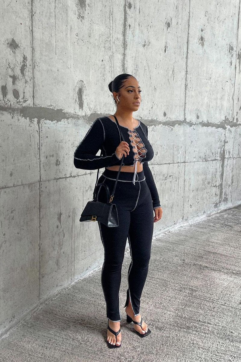 Black Contrast Stitch Split Hem Leggings - Ria-Leggings