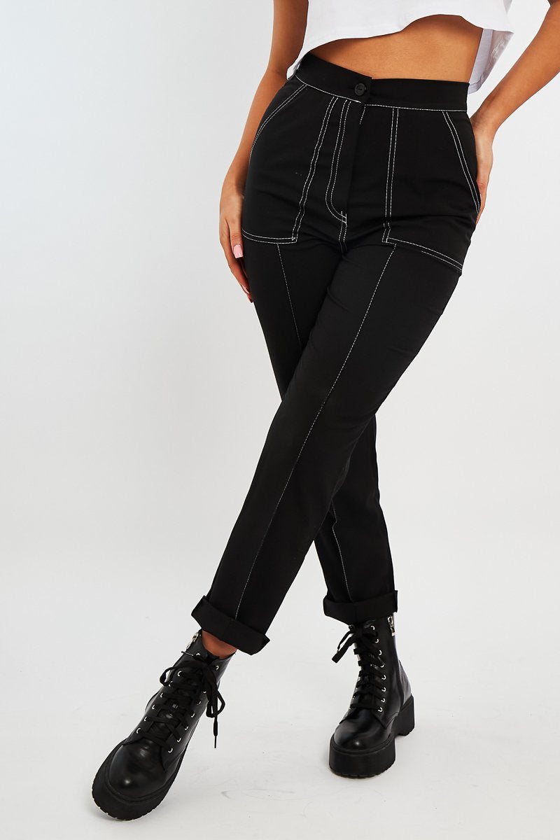 Black Contrast Stitch Straight Leg Trouser - Ezri-Trousers
