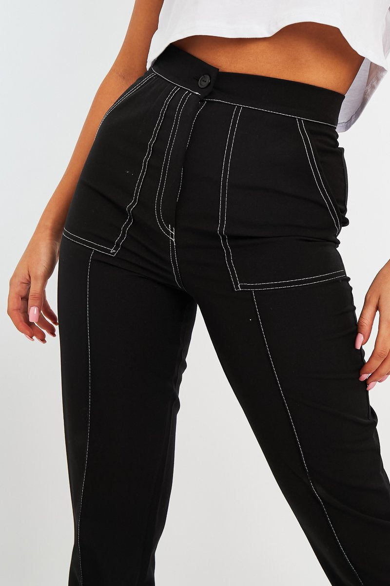 Black Contrast Stitch Straight Leg Trouser - Ezri-Trousers