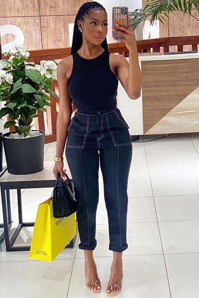 Black Contrast Stitch Straight Leg Trouser - Ezri-Trousers