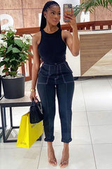 Black Contrast Stitch Straight Leg Trouser - Ezri-Trousers