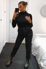 Black Contrast Stitch Straight Leg Trouser - Ezri-Trousers