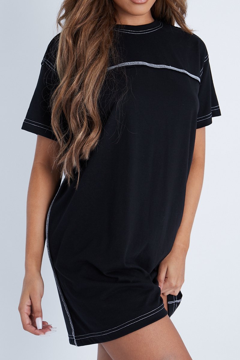 Black Contrast Stitch T-Shirt Dress - Mari-Dresses