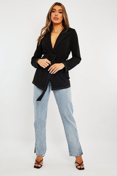 Black Contrast Stitch Waist Belt Blazer - Maya – Rebellious Fashion