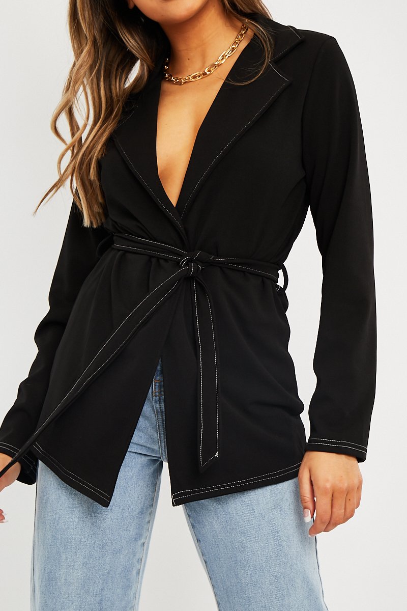 Black Contrast Stitch Waist Belt Blazer - Maya-Blazers