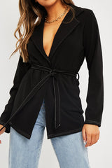 Black Contrast Stitch Waist Belt Blazer - Maya-Blazers