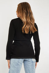 Black Contrast Stitch Waist Belt Blazer - Maya-Blazers
