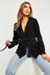 Black Contrast Stitch Waist Belt Blazer - Maya-Blazers
