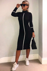 Black Contrast Stripe Detail High Neck Midi Dress - Niana-Dresses