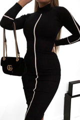 Black Contrast Stripe Detail High Neck Midi Dress - Niana-Dresses