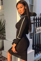 Black Contrast Stripe Detail High Neck Midi Dress - Niana-Dresses